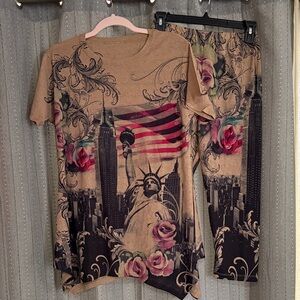 Women's Patriotic T-Shirt and Pants Set - Brown with Pink and Black Accents